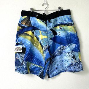 Guy Harvey AFTCO Board Shorts Size 38 Blue Fish Polyester Pockets Swim Trunk NWT